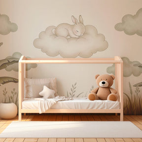 Dreamy bunny cloud mural wallpaper transforming toddler room into peaceful sleeping sanctuary