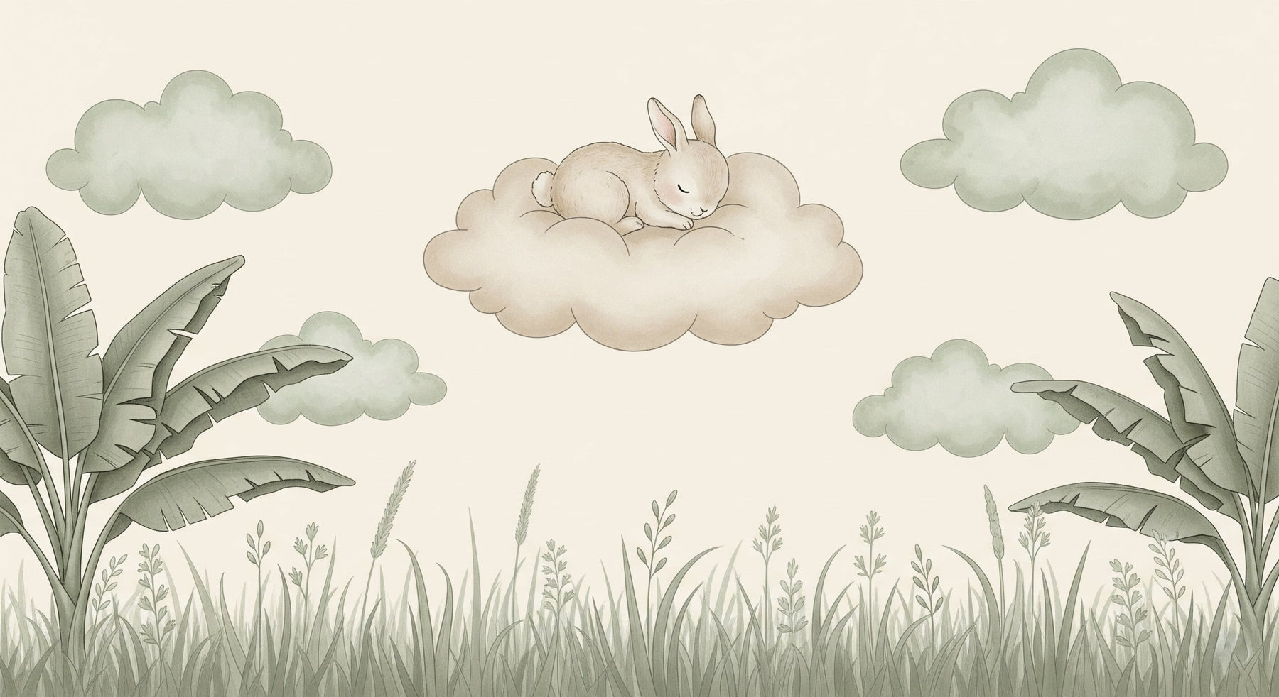 Detailed sleeping bunny on cloud mural wallpaper design pattern with botanical elements by Kids-Mundo