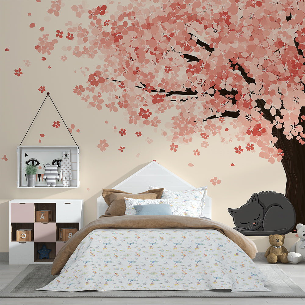 Kids-Mundo sleeping cat cherry blossom wall mural behind a bed in a cosy kids' bedroom