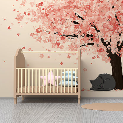 Kids-Mundo cherry blossom cat wall mural adding gentle charm to a bright playroom