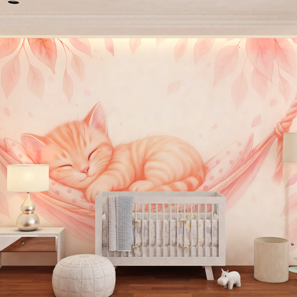 Pink cat wallpaper creating peaceful atmosphere in modern children's bedroom