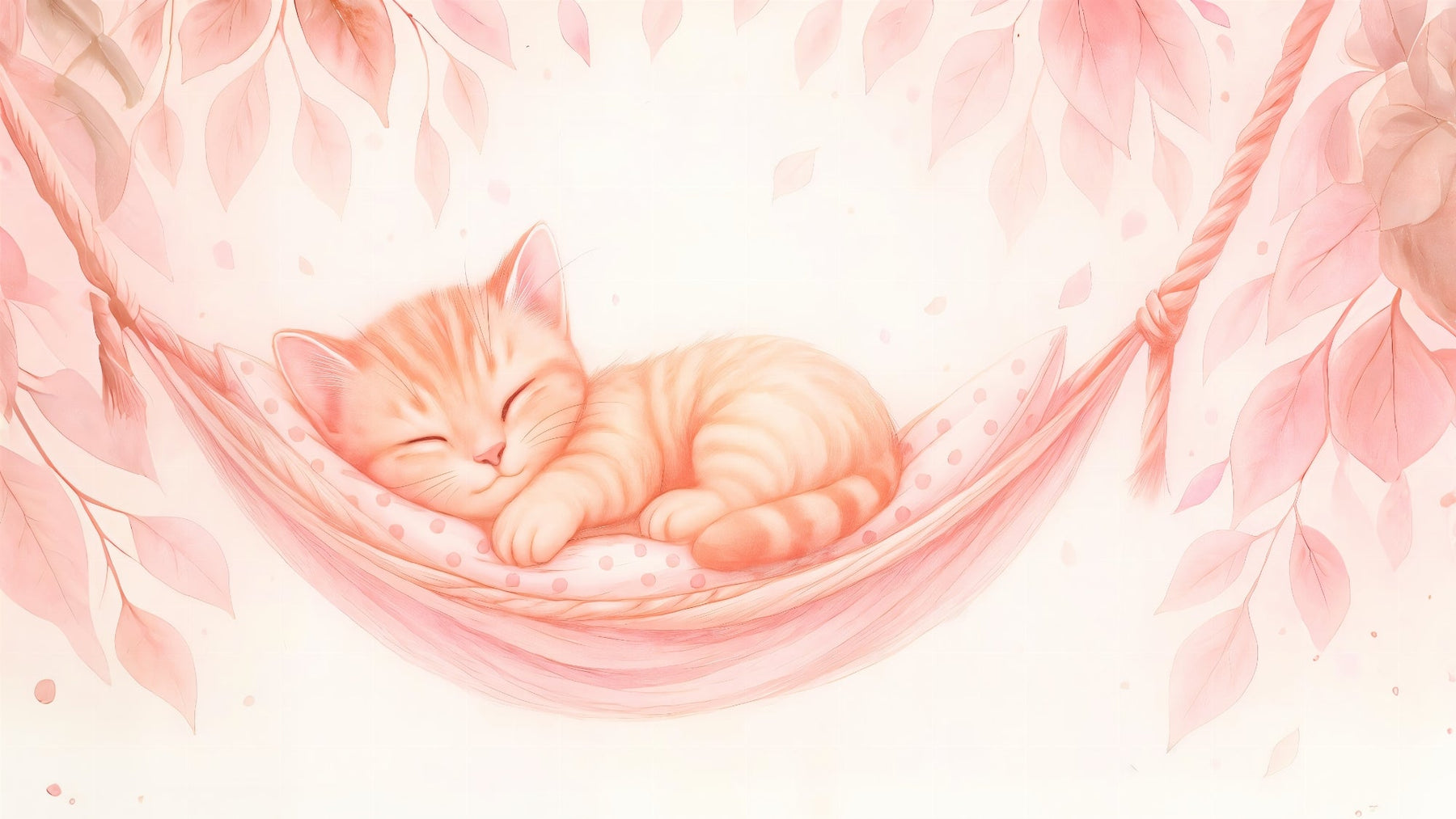Detailed sleeping cat mural wallpaper design pattern with pink foliage by Kids-Mundo