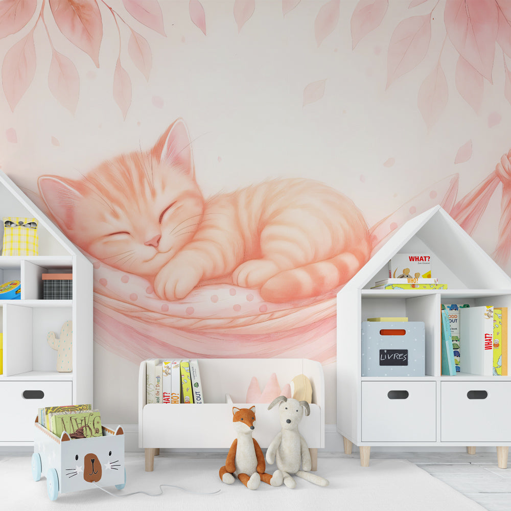 Animal themed mural wallpaper with sleeping kitten in cozy kids room setting