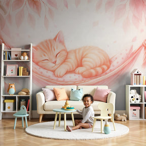 Sleeping cat mural wallpaper in soft pink nursery with white crib by Kids-Mundo