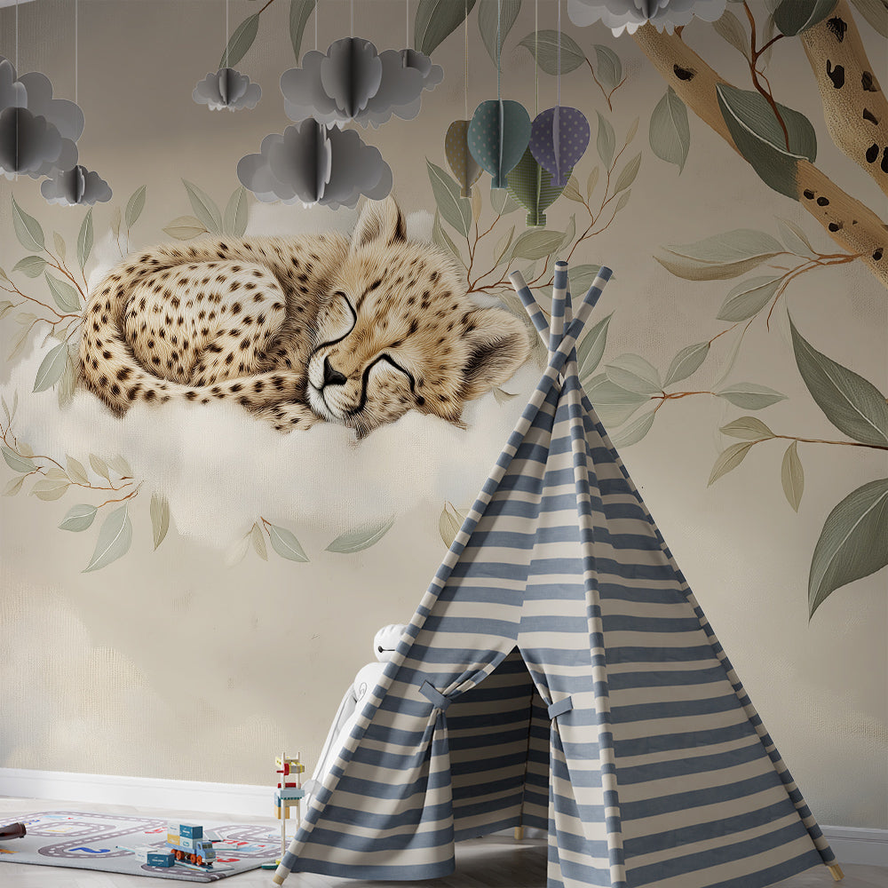 Kids-Mundo sleeping cheetah mural adding a gentle scene to a children's playroom