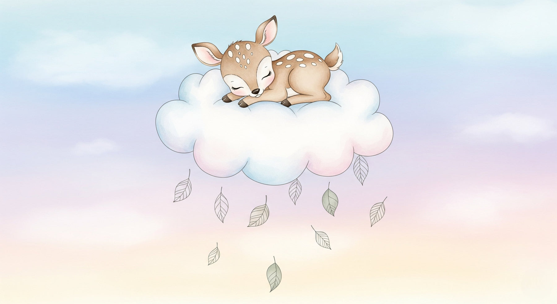 Detailed sleeping deer on cloud mural wallpaper design pattern with falling leaves by Kids-Mundo