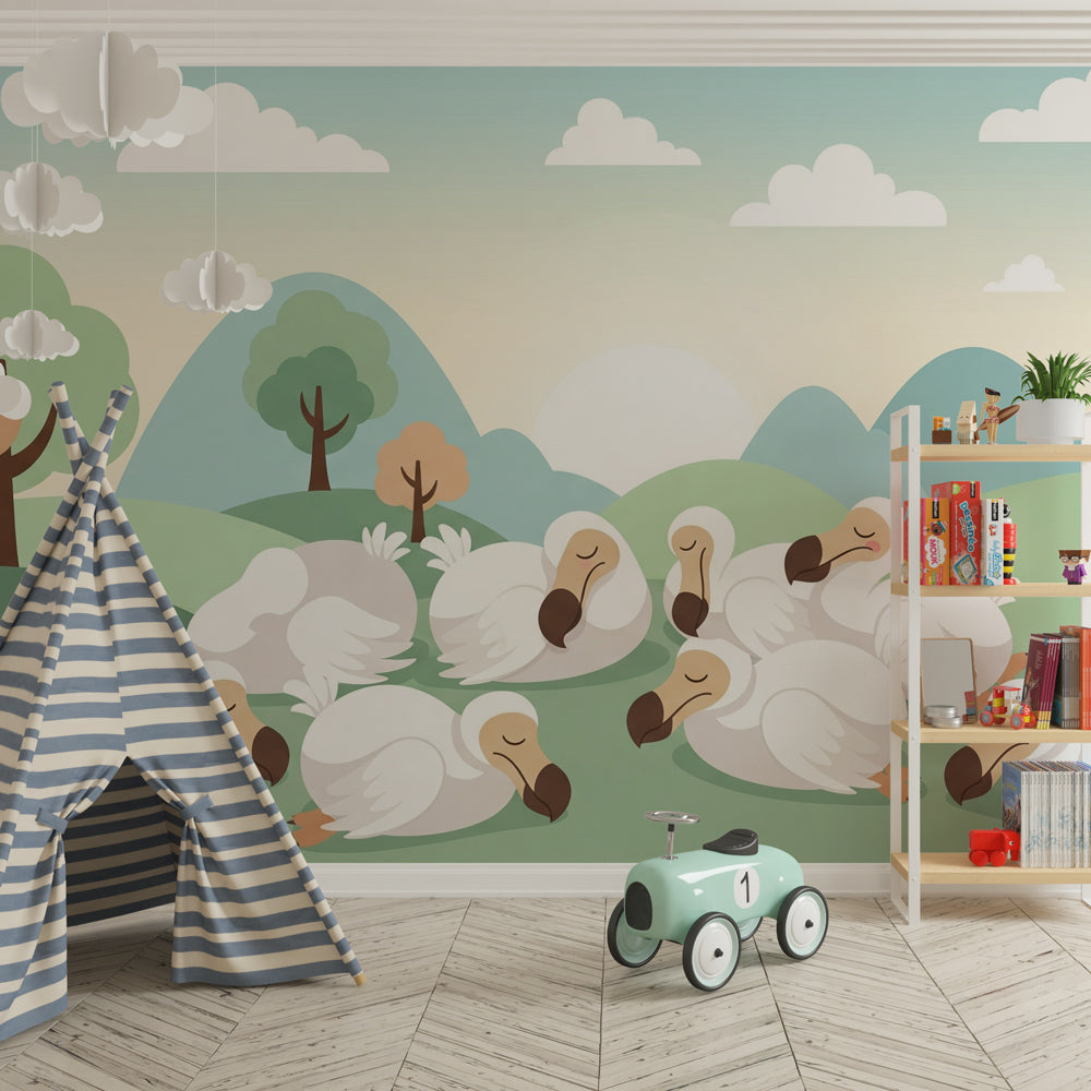 Nature-themed sleeping ducks wallpaper transforming children's bedroom into tranquil sleep space