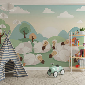 Nature-themed sleeping ducks wallpaper transforming children's bedroom into tranquil sleep space
