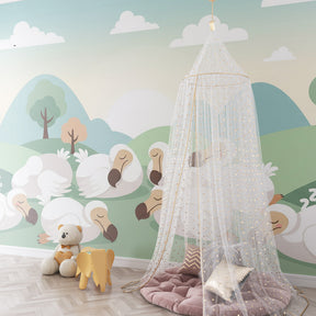 Pastoral sleeping ducks mural wallpaper with soft pastel tones for calming children's room atmosphere