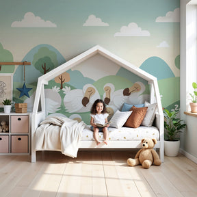 Sleeping ducks mural wallpaper creating peaceful nursery decor with natural green hillside scene by Kids-Mundo