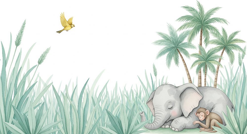 Sleeping Elephant and Baby Monkey Jungle Wall Mural