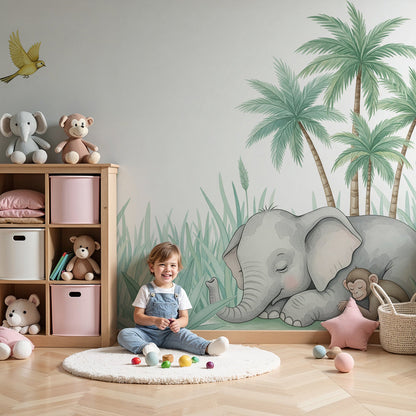 Kids-Mundo sleeping elephant and baby monkey jungle wall mural on a nursery wall behind a cot