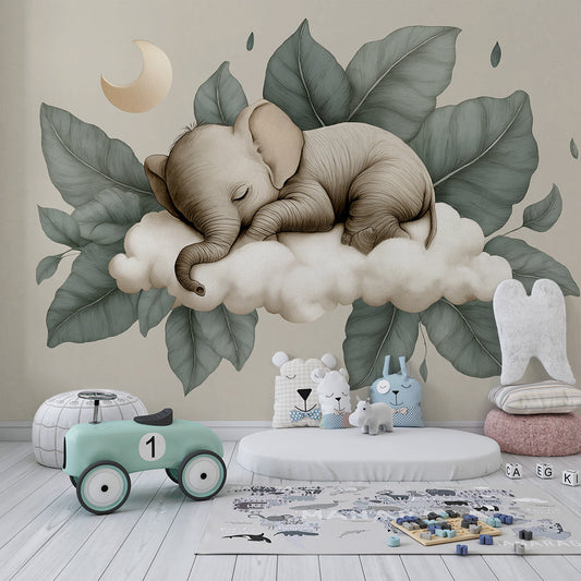 Kids-Mundo elephant and cloud wall mural covering a feature wall in a child's bedroom