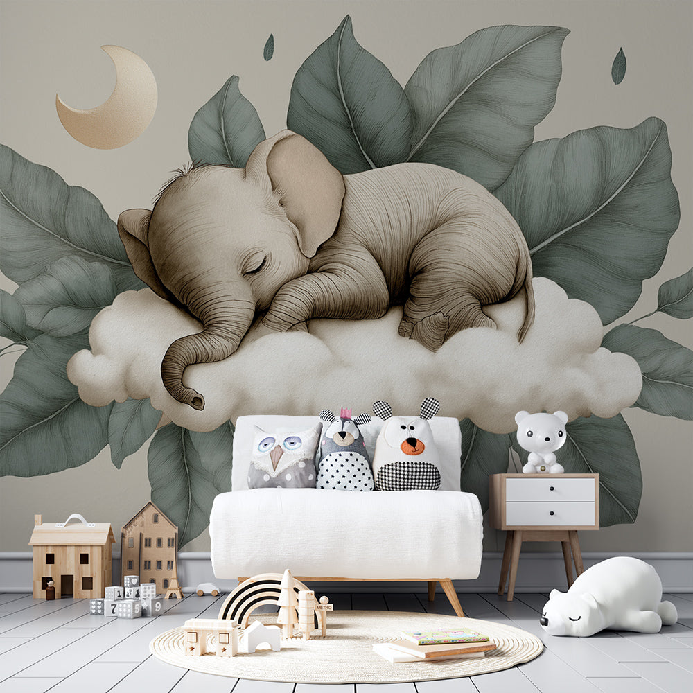 Kids-Mundo sleeping elephant wall mural with sage leaves shown in a calm playroom