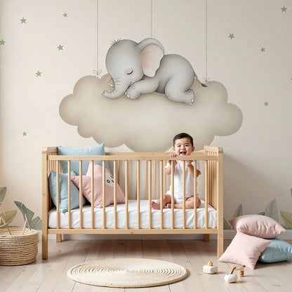 Kids-Mundo sleeping elephant cloud wall mural in a soft cream nursery above a cot