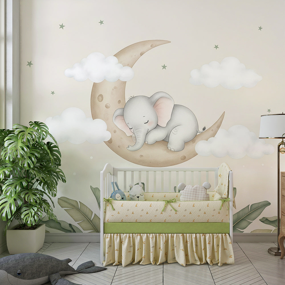 Kids-Mundo sleepy elephant wall mural bringing a gentle mood to a children's playroom