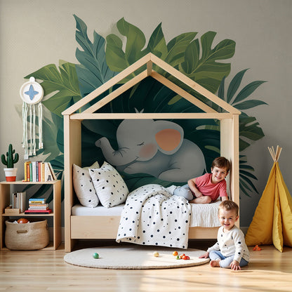 Kids-Mundo sleeping baby elephant wall mural styled in a calm, restful nursery room