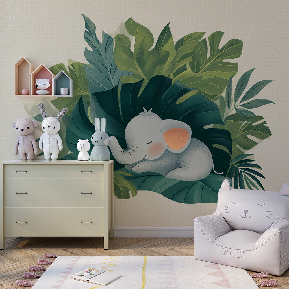 Kids-Mundo sleeping elephant leaves mural adding softness to a quiet playroom wall