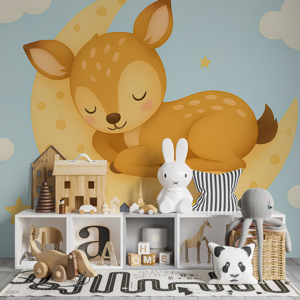 Moon and stars animal wallpaper creating peaceful baby room atmosphere with natural wood furniture