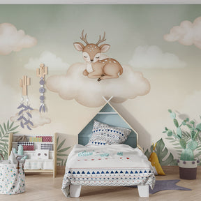 Dreamy fawn cloud wallpaper creating serene atmosphere in baby's room decor