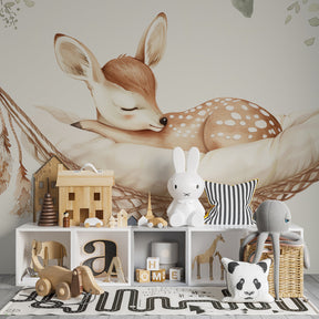 Forest fawn wallpaper in modern kids bedroom showing bohemian woodland theme by Kids-Mundo