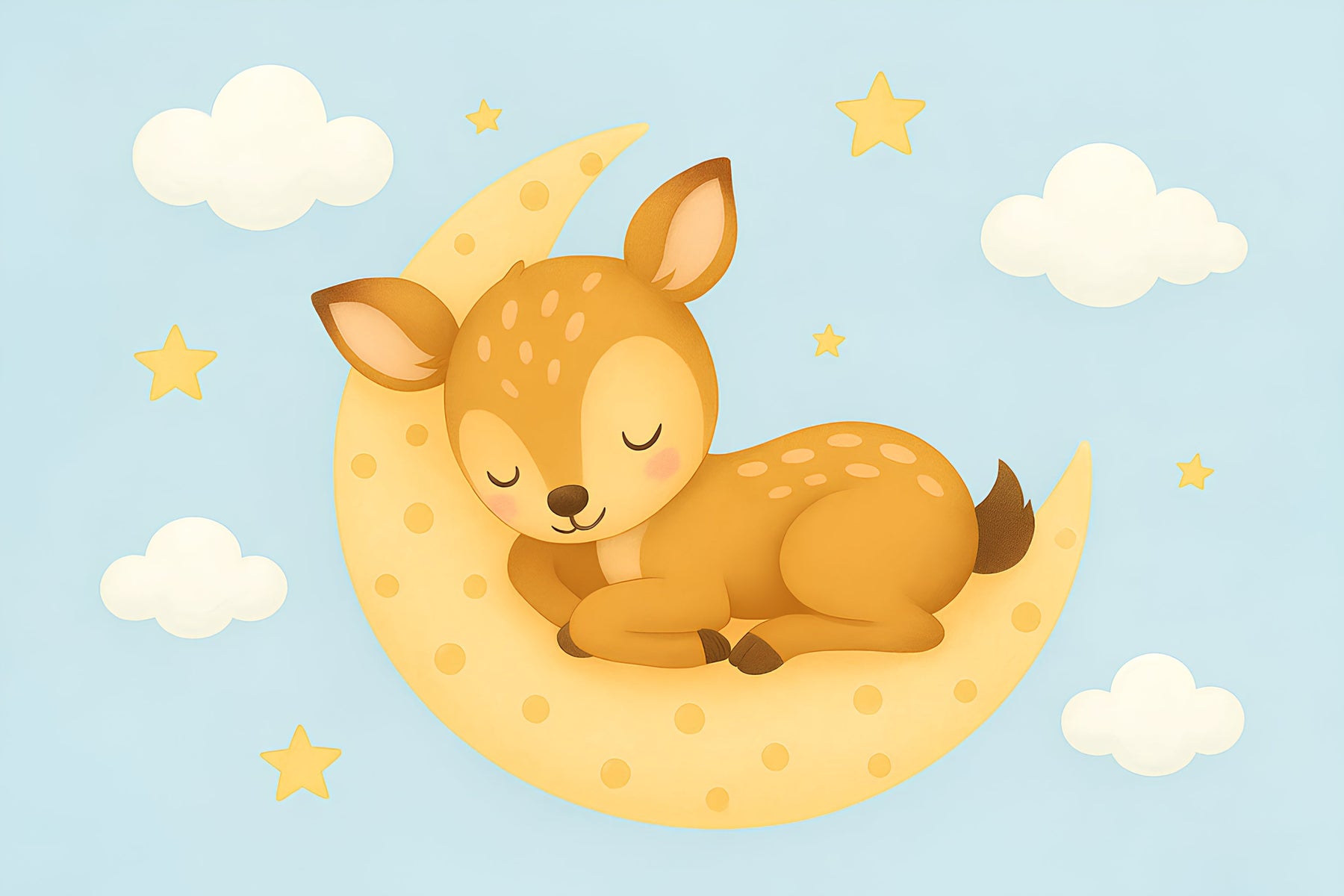 Detailed sleeping fawn on crescent moon mural wallpaper design pattern with stars by Kids-Mundo