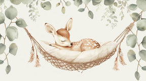 Complete sleeping fawn mural wallpaper design pattern showing bohemian hammock and forest details by Kids-Mundo