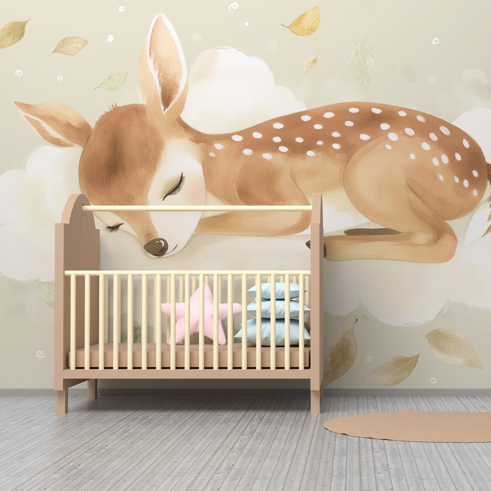 Dreamy fawn mural wallpaper with floating leaves in cozy kids room by Kids-Mundo