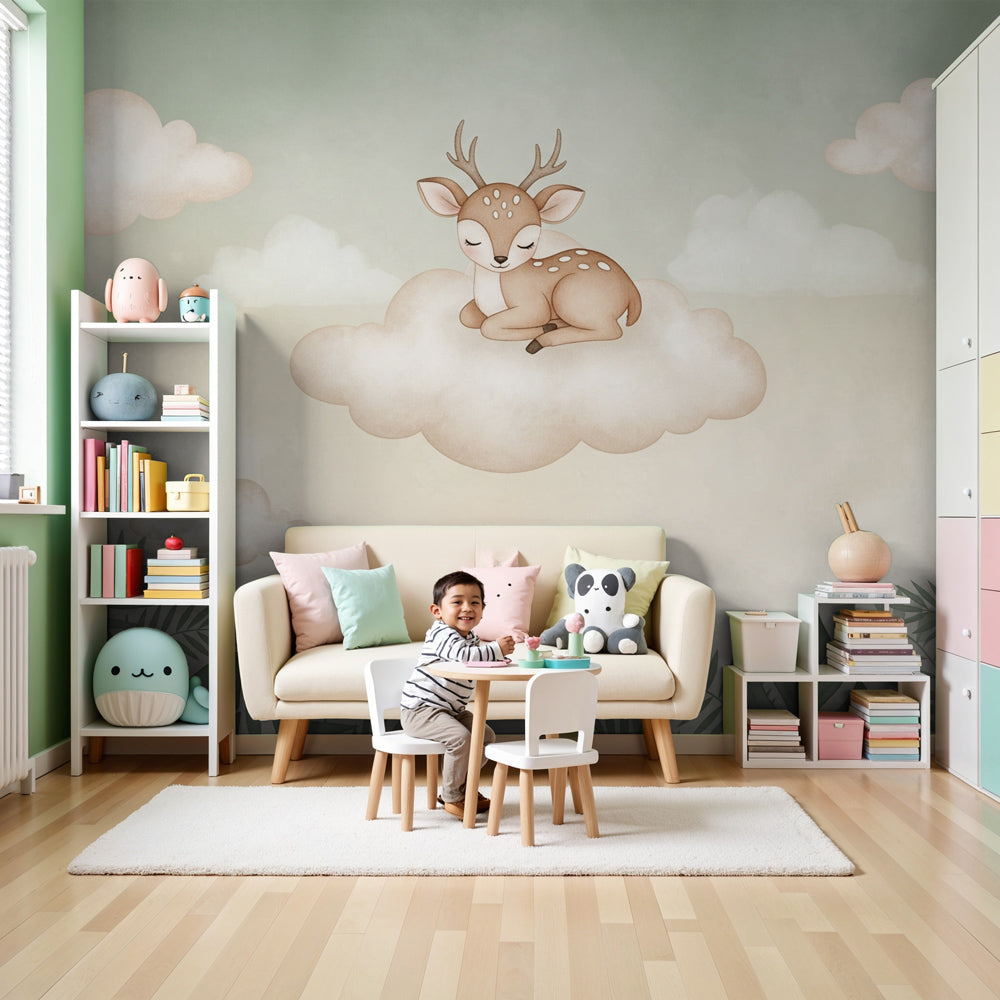 Sleeping fawn on cloud mural wallpaper in peaceful nursery setting by Kids-Mundo