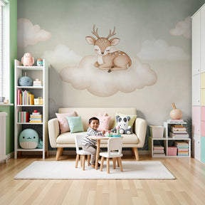 Sleeping fawn on cloud mural wallpaper in peaceful nursery setting by Kids-Mundo