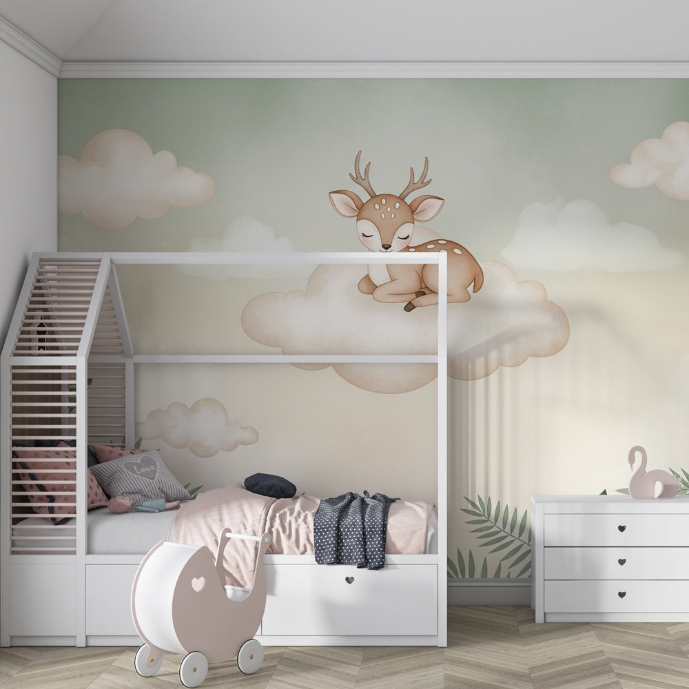 Gentle animal mural wallpaper with sleeping deer transforming toddler bedroom