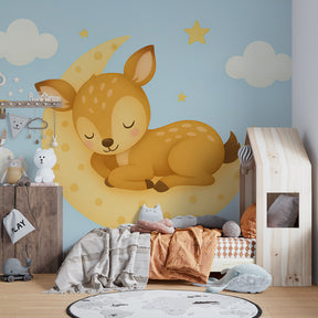 Dreamy fawn on moon mural wallpaper transforming toddler bedroom into magical sleep sanctuary
