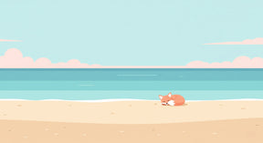 Detailed sleeping fox beach mural wallpaper design pattern with ocean waves and golden sand