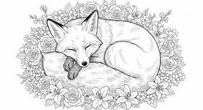 Kids-Mundo flat artwork of a sleeping fox curled in a wreath of hand-drawn roses and lilies