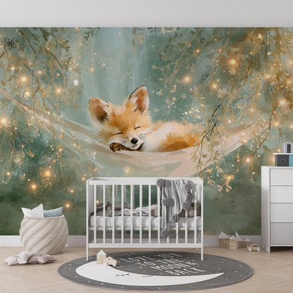 Kids-Mundo sleepy fox forest wall mural adding a calm glow to a bright playroom.