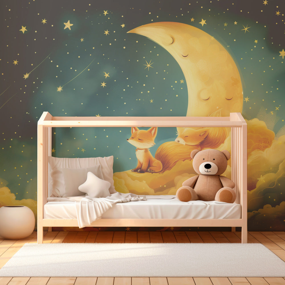 Celestial fox wallpaper creating magical atmosphere in children's bedroom decor