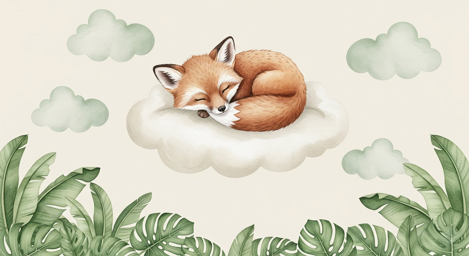 Detailed sleeping fox on cloud mural wallpaper design pattern by Kids-Mundo
