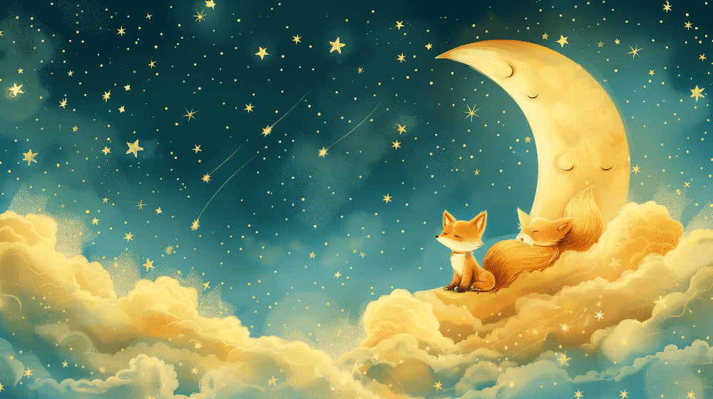 Detailed sleeping fox on crescent moon mural wallpaper design pattern by Kids-Mundo