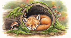Detailed sleeping fox in tree hollow mural wallpaper design pattern with moss and mushrooms by Kids-Mundo