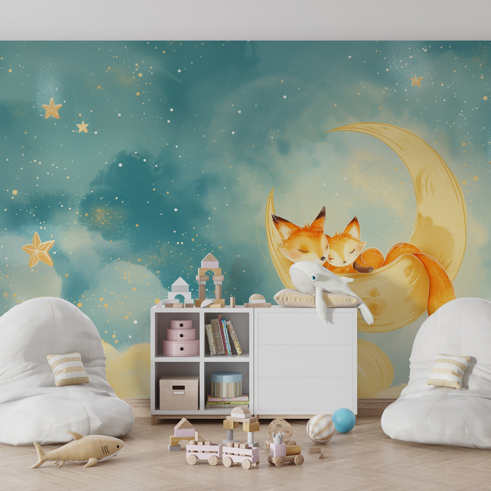 Multicolored fox wallpaper with clouds and stars for peaceful kids room by Kids-Mundo