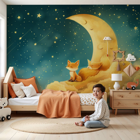 Sleeping fox mural wallpaper with crescent moon in modern nursery by Kids-Mundo