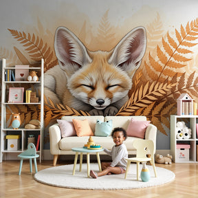 Sleeping fox mural wallpaper creating cozy woodland nursery atmosphere by Kids-Mundo