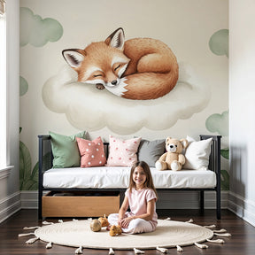 Sleeping fox cloud mural wallpaper in serene nursery setting by Kids-Mundo