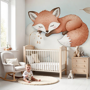 Sleeping fox on cloud mural wallpaper creating peaceful nursery atmosphere by Kids-Mundo