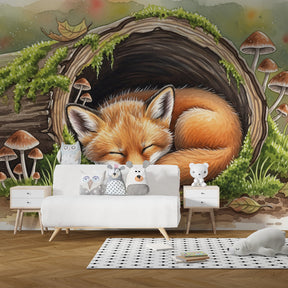 Forest fox mural wallpaper transforming children's playroom into magical woodland space