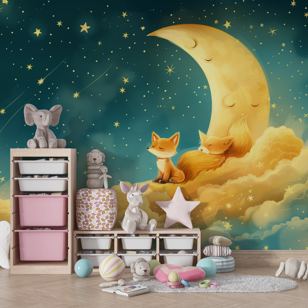 Blue starry sky fox wallpaper with golden clouds for peaceful kids room