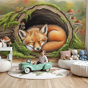 Sleeping fox mural wallpaper in cozy woodland nursery with natural wood furniture by Kids-Mundo