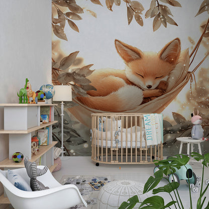 Kids-Mundo sleeping baby fox mural decorating a cosy toddler bedroom feature wall