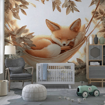 Kids-Mundo woodland fox hammock mural brightening a calm children's playroom wall