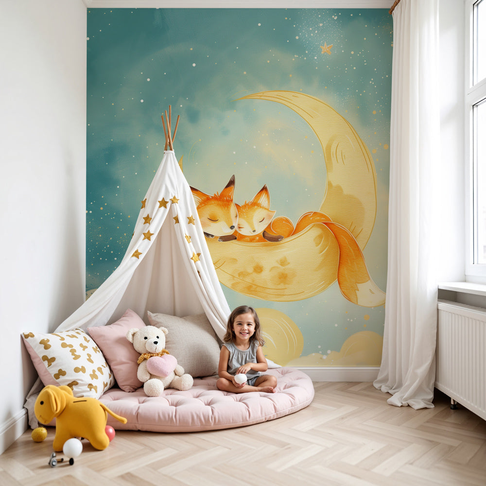 Kids-Mundo sleeping fox wall mural with a golden moon in a cosy nursery